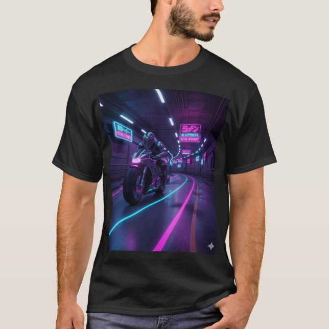 Camiseta Neon Highway Rider | Cyberpunk Motorcycle Art  (Frente)