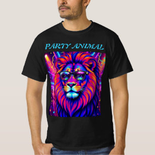 Camiseta Neon Leão Festa Animal – Gráfico Retro Colorido