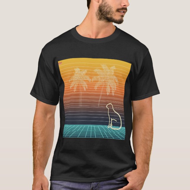Camiseta Neon Line Art Cat & Palms (Frente)