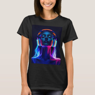 Camiseta Neon Music Meditation – Woman with Headphones Art