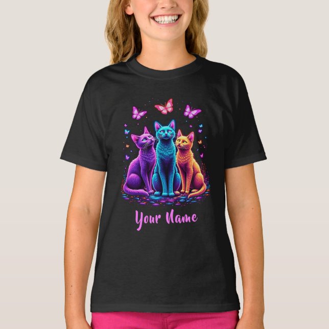 Camiseta Neon Mystic Cats – Custom Name Psychedelic T-Shirt (Frente)