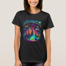 Camiseta Neon OVNI e Alienígena Cena Psicodélica