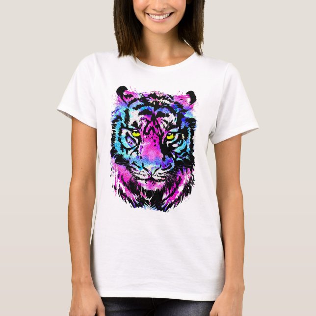 Camiseta Neon Pink Tiger Head Retrato T-Shirt (Frente)