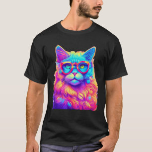Camiseta Neon Rainbow Cat Vestindo Óculos Abstrato Bright P