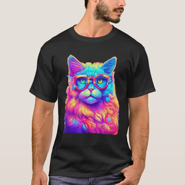 Camiseta Neon Rainbow Cat Vestindo Óculos Abstrato Bright P (Frente)
