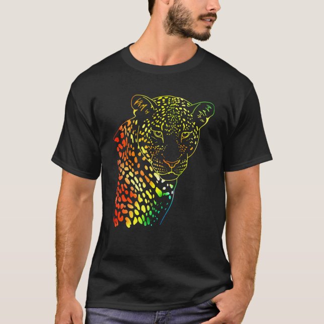 Camiseta Neon Rainbow Leopard Face Trabalho de arte (Frente)