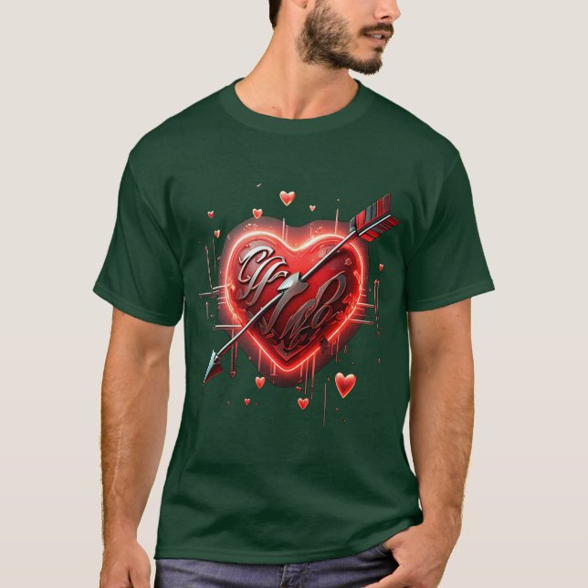 Camiseta Neon Red Heart & Silver Arrow Trendy 3D Romântico (Frente)