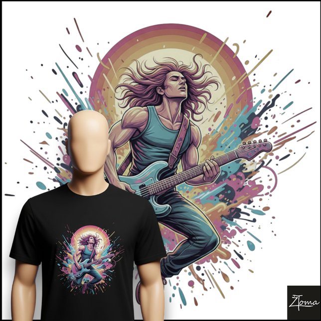 Camiseta Neon Rock Guitarist Jumping Paint Splatter (Criador carregado)