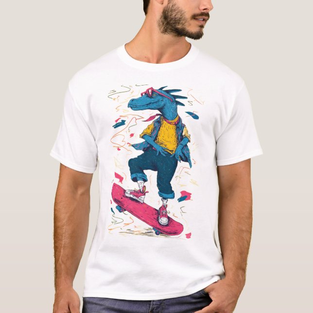 Camiseta Neon Skater Dino – Street Art Illustration (Frente)