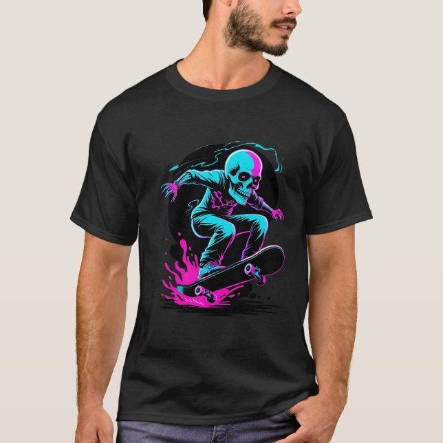 Camiseta Neon Skull Skateboard Art - Edgater Skater Design (Frente)