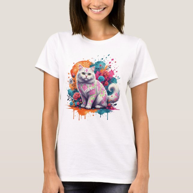 Camiseta Neon Tribal Cat Fantasy Art (Frente)