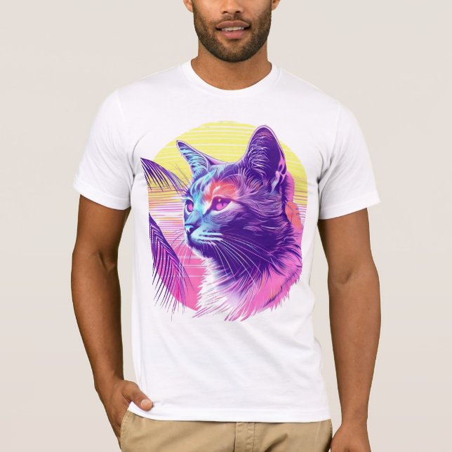 Camiseta Neon Tropical Cat - 80s Synthwave Vibes (Frente)