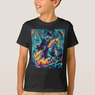 Camiseta Neon Viking Warrior Riding Flaming Unicorn