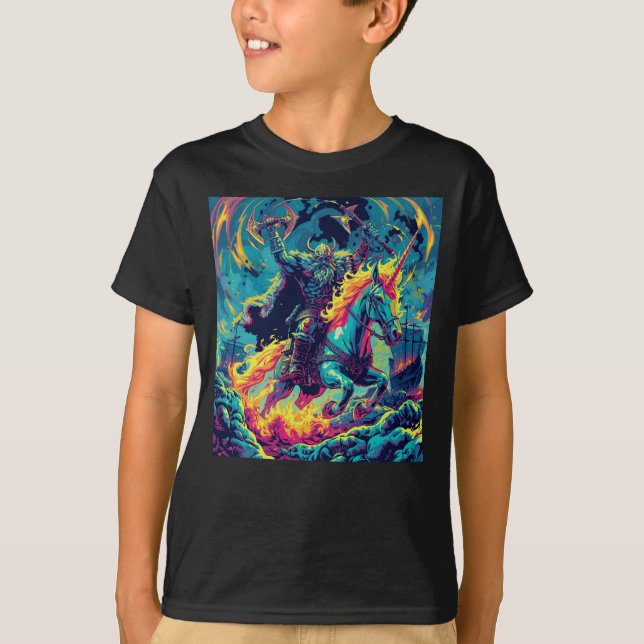 Camiseta Neon Viking Warrior Riding Flaming Unicorn (Frente)