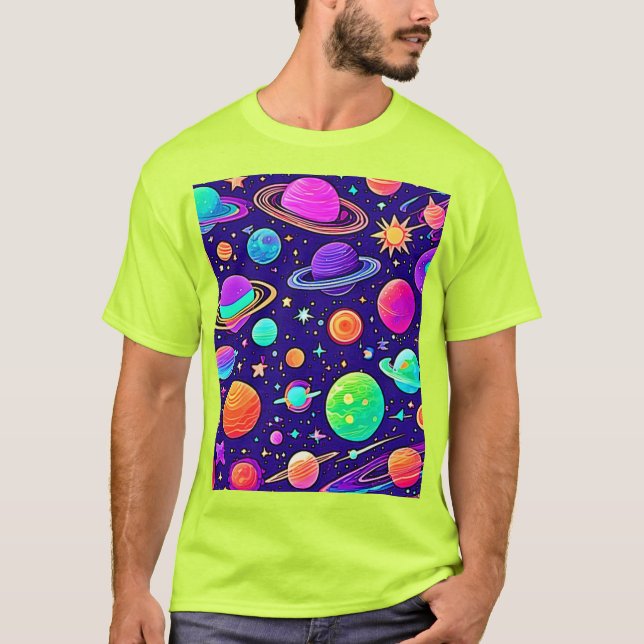 Camiseta Neons Fluidos: Planetas e Estrelas (Frente)