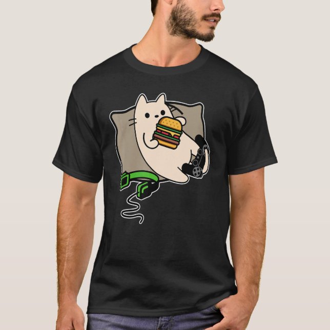 Camiseta nerd Gamer cat comendo hamburger game load (Frente)