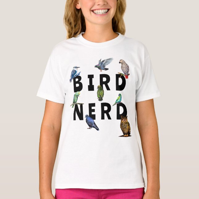 Camiseta Nerd, papagaios, coruja, pombos, kookaburra (Frente)