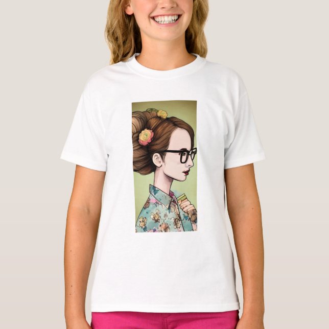 Camiseta Nerdy Asian Girl Holding Livros (Frente)