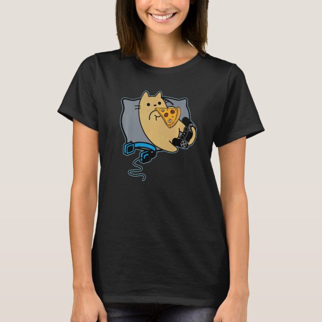 Camiseta Nerdy Pizza Eating Gamer Cat Game Paused (Frente)