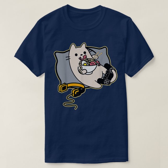 Camiseta Nerdy Ramen Eating Gamer Cat Game Paused  (Frente do Design)