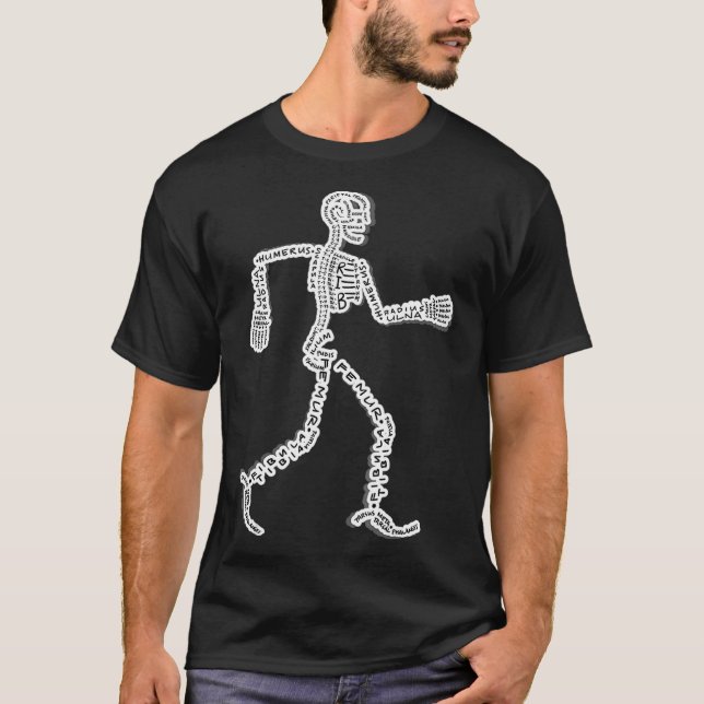 Camiseta Nerdy Skeleton Walking Man com ossos rotulados (Frente)