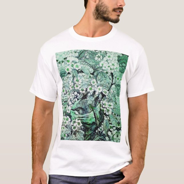 CAMISETA NESTE DE PÁSSAROS, ÁRVORE, FLORES DE PRIMAVERA BRA (Frente)