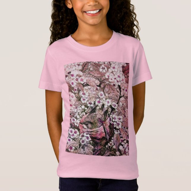 CAMISETA NESTE DE PÁSSAROS, ÁRVORE, FLORES DE PRIMAVERA BRA (Frente)