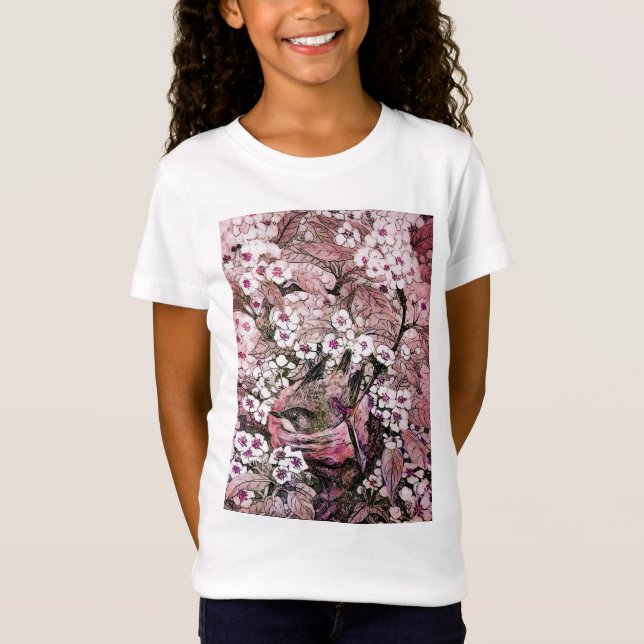 CAMISETA NESTE DE PÁSSAROS, FLORES DE PRIMAVERA BRANCA DE P (Frente)