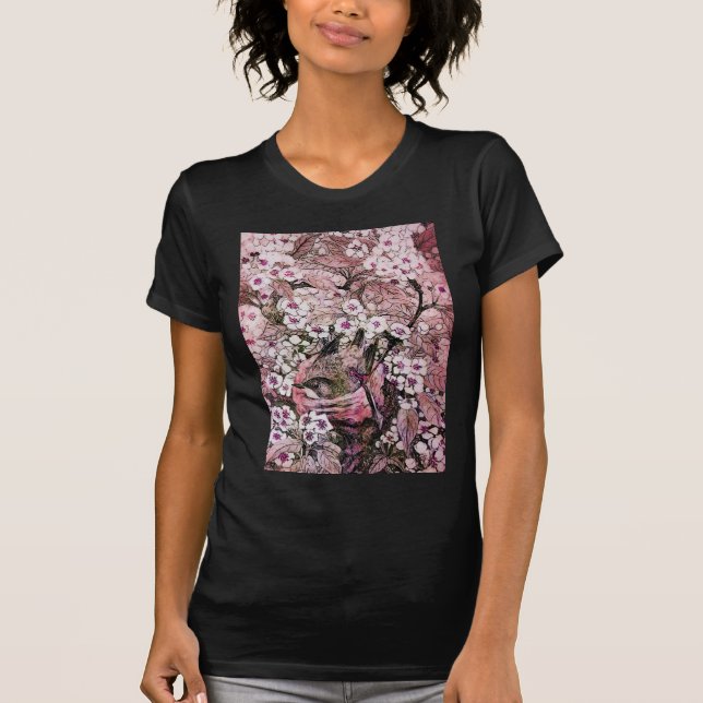 CAMISETA NESTE DE PÁSSAROS, FLORES DE PRIMAVERA BRANCA DE P (Frente)