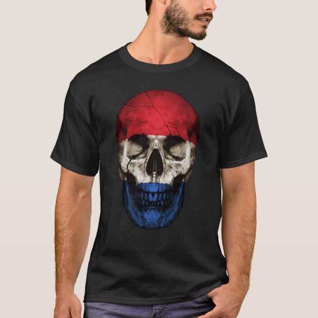 Camiseta Netherlands Flag Skull Dutch Roots Proud Patriotic (Frente)