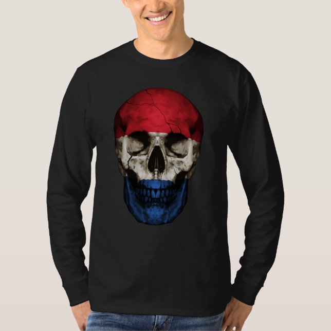 Camiseta Netherlands Flag Skull Dutch Roots Proud Patriotic (Frente)