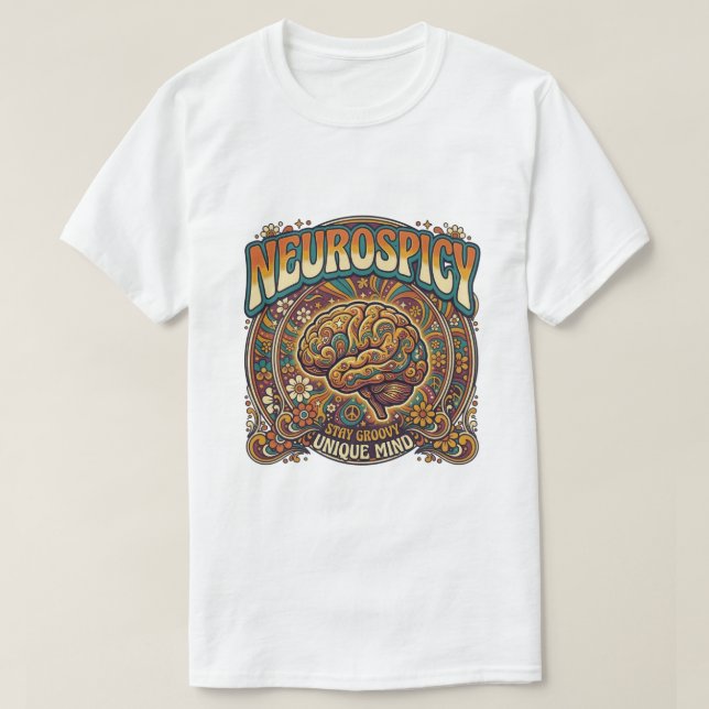 Camiseta Neurospicy Brain | Groovy Retro Psychedelic Tee (Frente do Design)