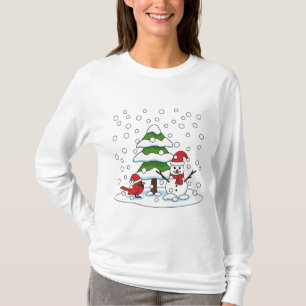 Camiseta Neve Caindo no Cardeal, Snowman e Pine Tree