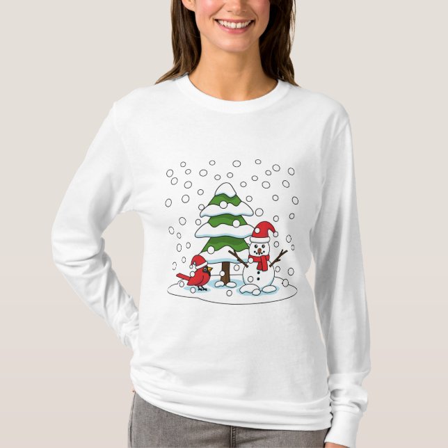 Camiseta Neve Caindo no Cardeal, Snowman e Pine Tree (Frente)