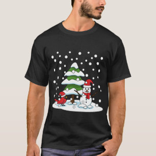 Camiseta Neve Caindo no Cardeal, Snowman e Pine Tree