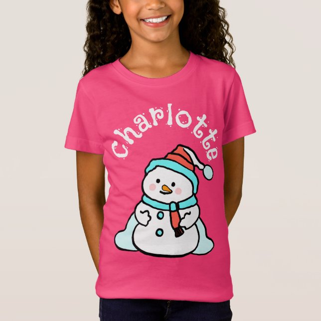 Camiseta Neve de Natal Nome Personalizado Raparigas Rosa (Frente)