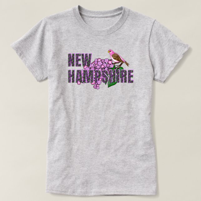 Camiseta New Hampshire State Symbols Purple Finch & Lilacs (Frente do Design)