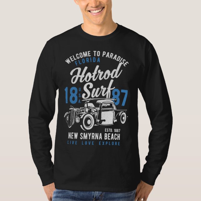 Camiseta New Smyrna Beach Florida Retro Hotrod Surf Distres (Frente)