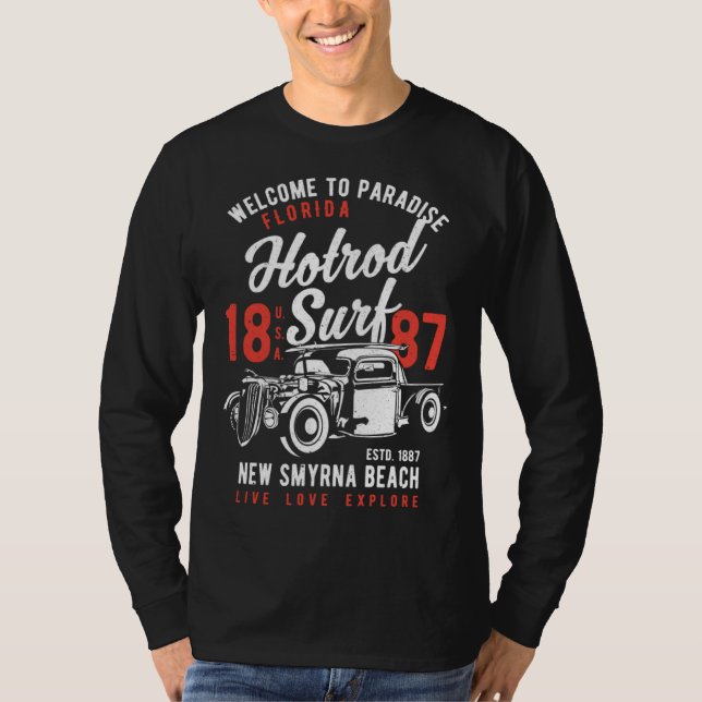 Camiseta New Smyrna Beach Florida Retro Hotrod Surf Distres (Frente)