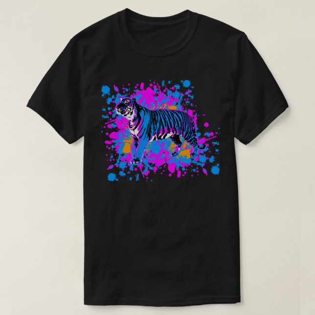 Camiseta New Wave 80s Retro Blue Tiger Paint Splatter (Frente do Design)
