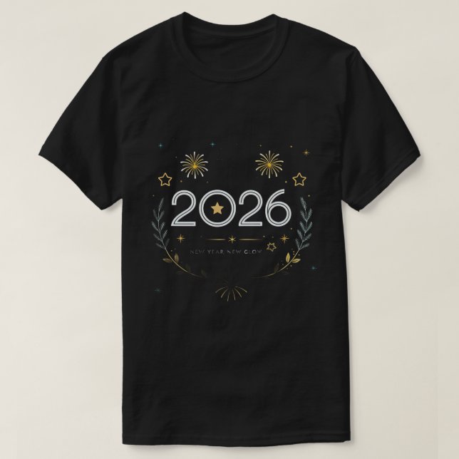 Camiseta New Year 2026 Gold Fireworks “New Year, New Glow” (Frente do Design)