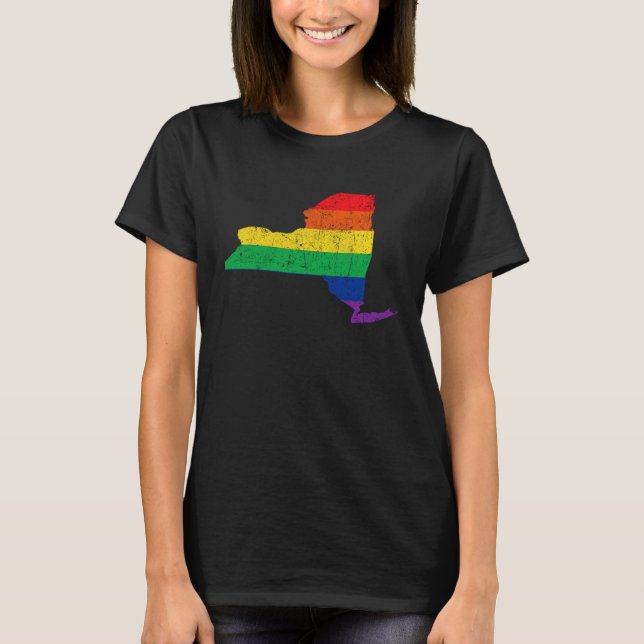 Camiseta New York Pride Rainbow Flag Map Gay Lesbian LGBT S (Frente)