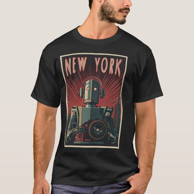 Camiseta New York Robot Tourist – Art Deco Travel Poster (Frente)