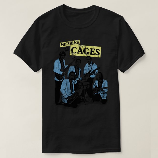 Camiseta Nicolas e as Gaiolas (Camisa de Banda Nic Cage), (Frente do Design)