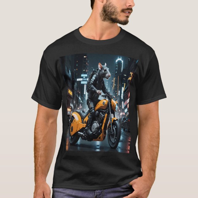 Camiseta Night Adventure: The Motorcycling Rat in the City (Frente)