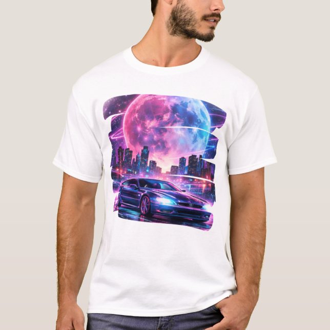 Camiseta Night Drive - Retro Futuristic Synthwave Car & Moo (Frente)