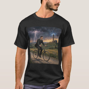 Camiseta Nikola Tesla andando de bicicleta para seu laborat