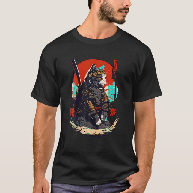 Camiseta Ninja Cat Samurai Kitten Retro Guerreiro Japonês K (Frente)