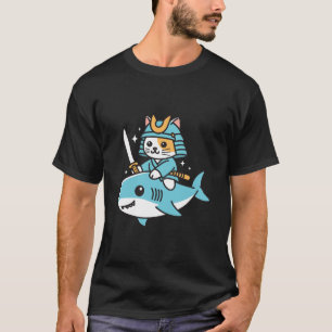 Camiseta Ninja Cat Samurai Riding Shark