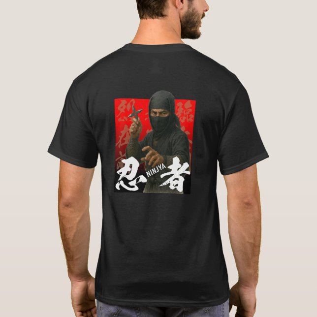 Camiseta Ninja em preto com Kanji e plano de fundo vermelho (Verso)